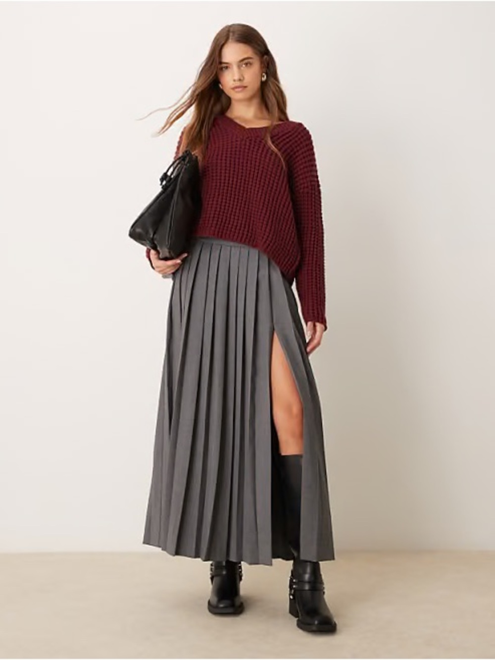 Abercrombie & Fitch Burgundy Sweater & Grey Pleated Maxi Skirt